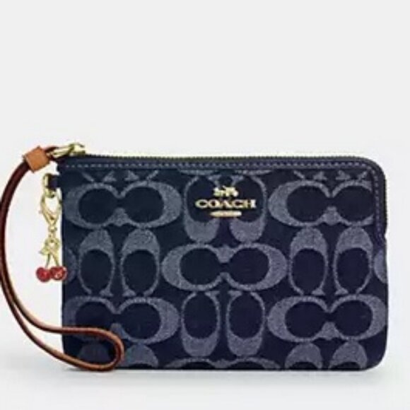 Coach Corner Zip Wristlet In Signature C in Denim w/Cherry Charm, NWT - Picture 2 of 6